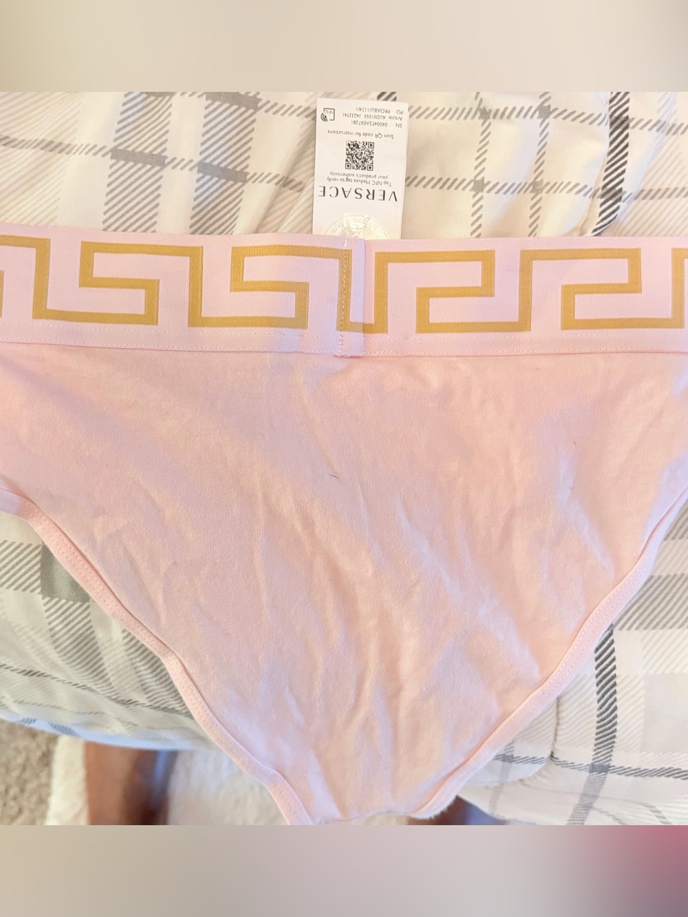 Authentic Versace Pink Cotton Bikini Brief with Gold Greek Key Waistband